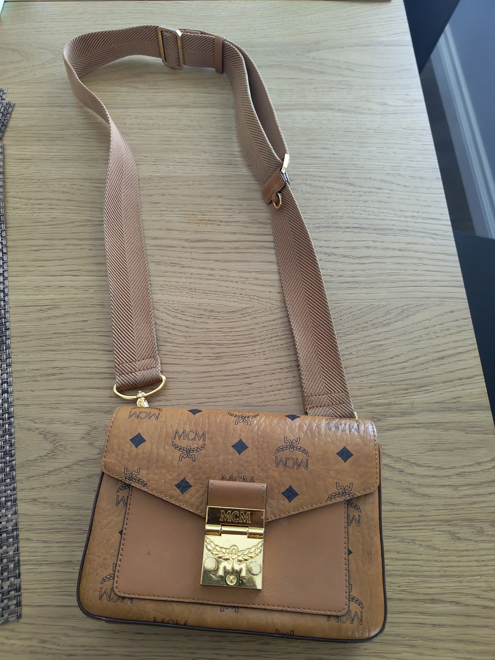 MCM Visetos Cognac Crossbody Bag with Gold Hardware
